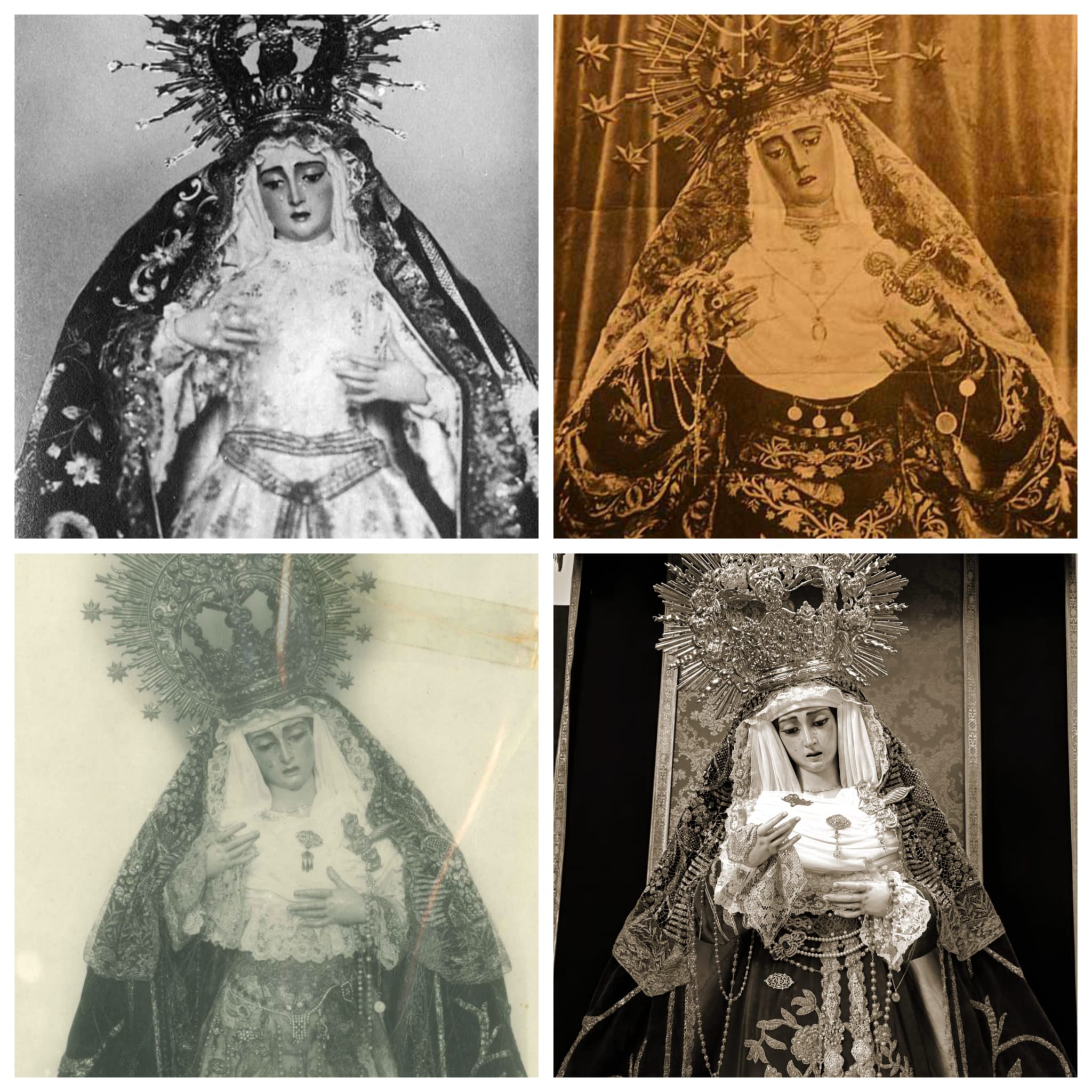 La antigua Virgen de Gracia y Esperanza de San Roque, perdida en la Guerra Civil, y la Virgen del Buen Fin de la Lanzada, ambas de Juan de Astorga, en la parte superior de la fotografía. Nuestra Señora de los Dolores, en la parte inferior de la foto, en la postal histórica de los años 40 (izquierda) que fue recreada por la priostía de la corporación el pasado mes de septiembre (derecha)