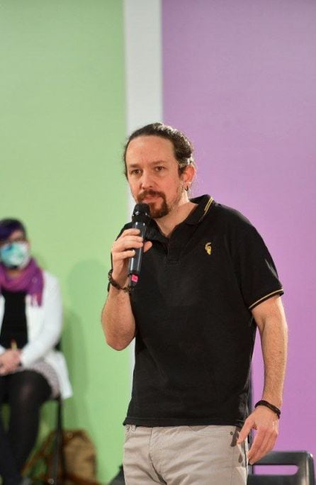 El candidato de Unidas Podemos a las elecciones madrileñas, Pablo Iglesias, interviene en un acto sobre políticas de vivienda.