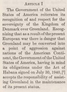 Extracto del acuerdo de 1941 en el que Estados Unidos "reitera su reconocimiento y total respeto a la soberanía del Reino de Dinamarca sobre Groenlandia"