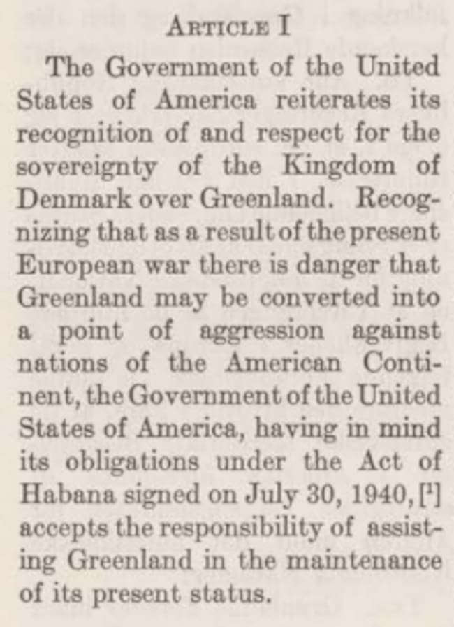 Extracto del acuerdo de 1941 en el que Estados Unidos "reitera su reconocimiento y total respeto a la soberanía del Reino de Dinamarca sobre Groenlandia"