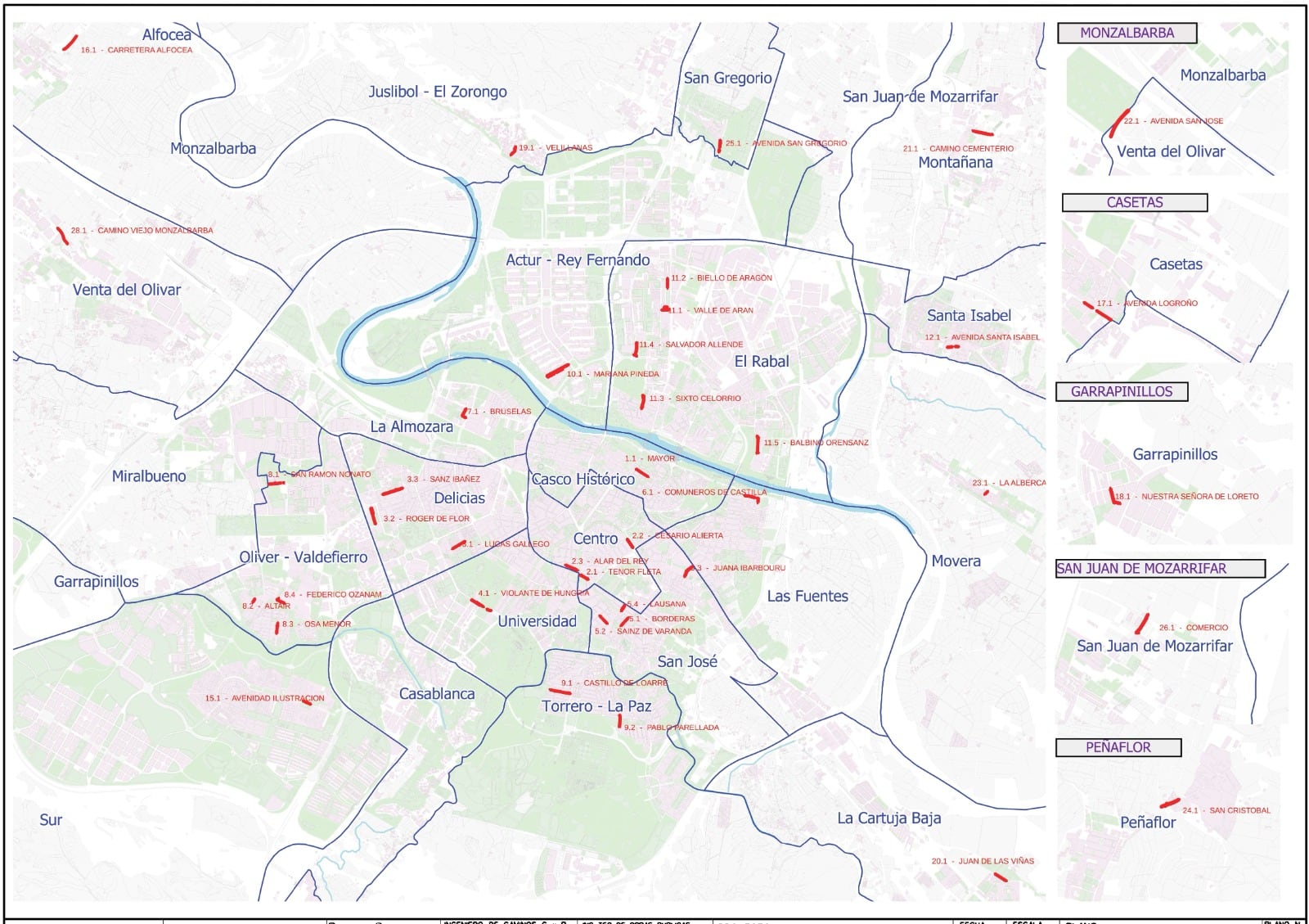 Mapa con las calles que se van a asfaltar este año en Zaragoza