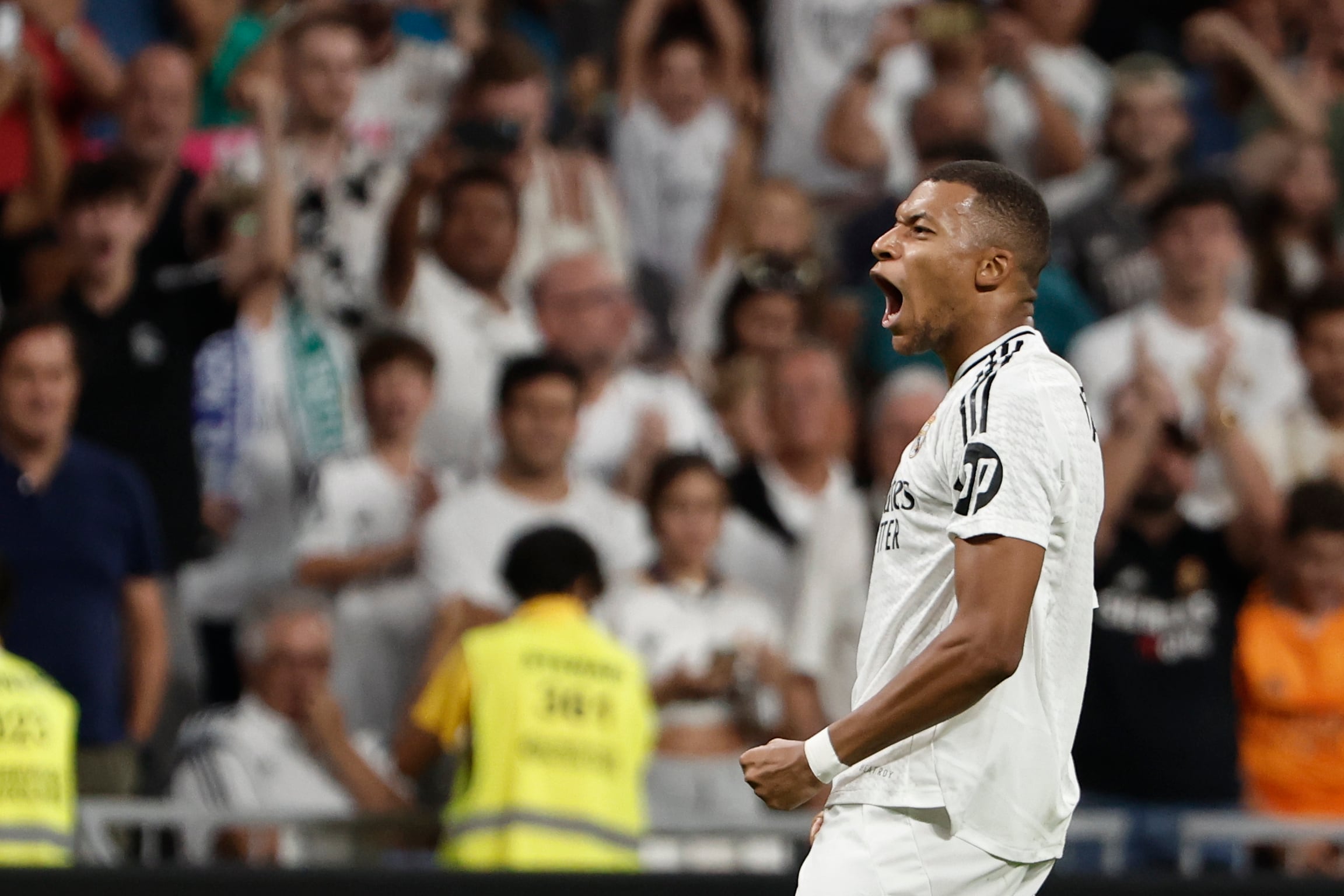 Kylian Mbappé celebra un gol con el Real Madrid.