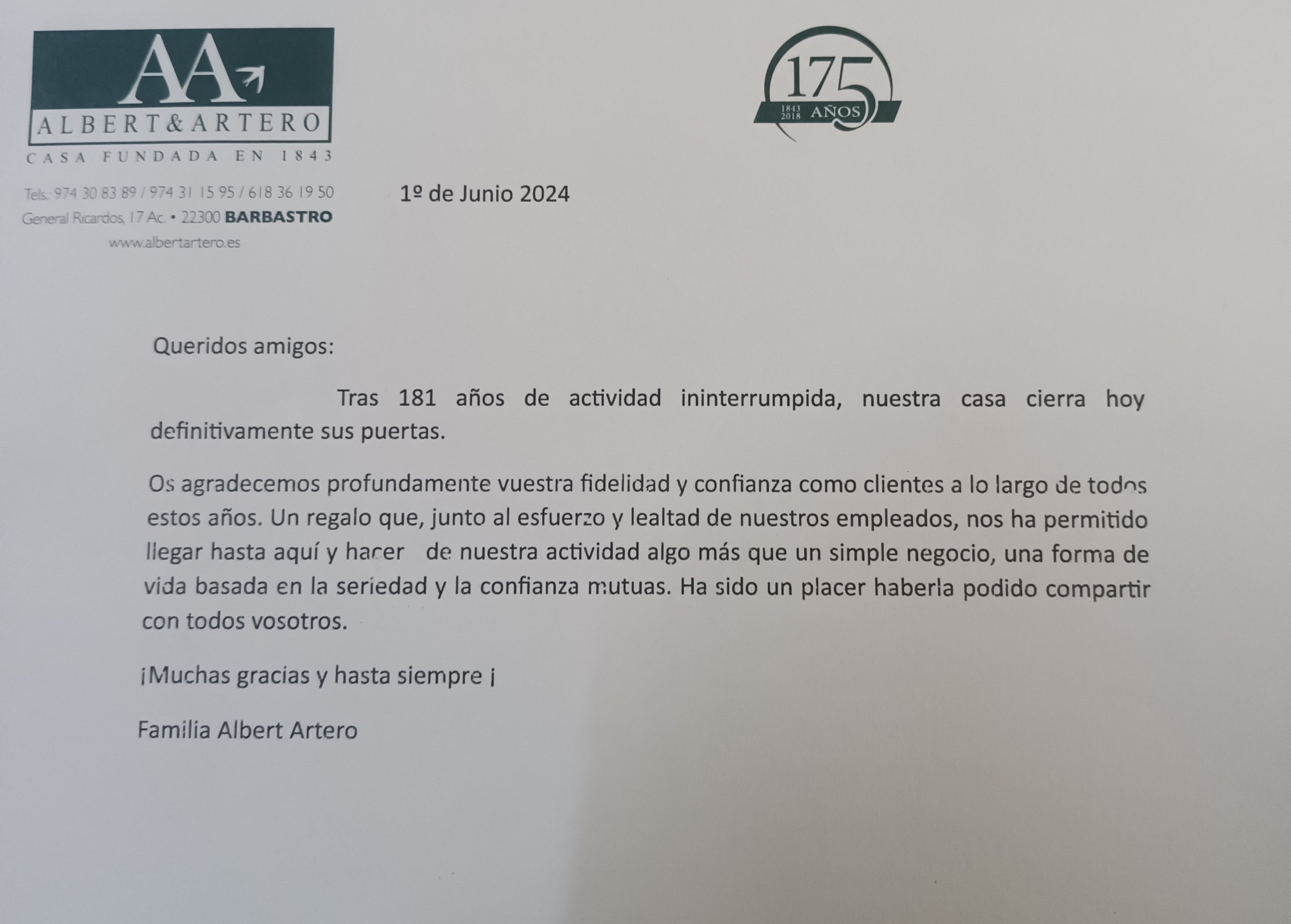 Carta de despedida de la empresa Albert Artero