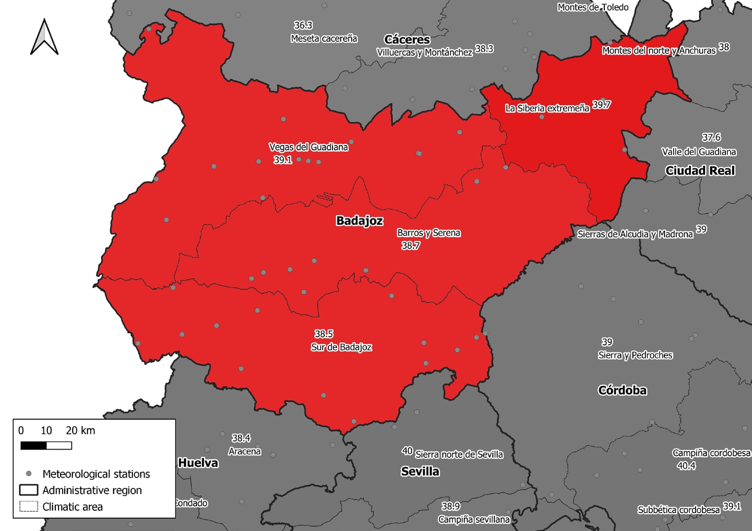 Mapa de temperaturas a las que se disparan las muertes por calor dentro de la provincia de BadajozInstituto de salud Carlos III