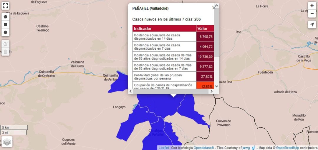 Peñafiel eleva su tasa de contagios como refleja el mapa de epidemiología de la Junta de Castilla y León.