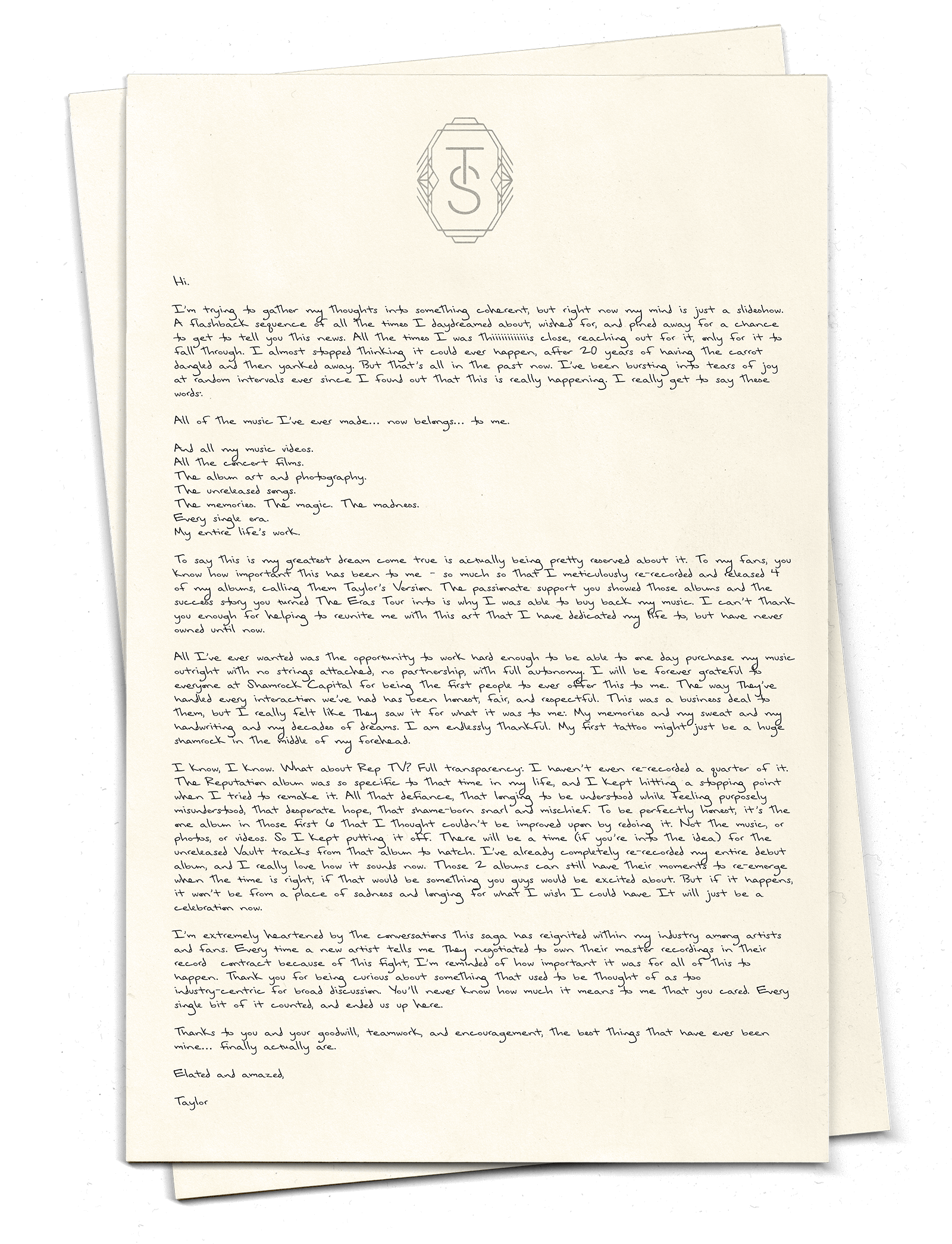 Comunicado en el que Taylor Swift informa de que ha adquirido sus seis primeros álbumes.