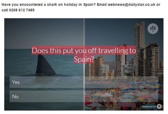 En su página web, el Daily Star, pregunta a sus lectores si la presunta presencia de un tiburón en Benidorm les disuade de viajar a España