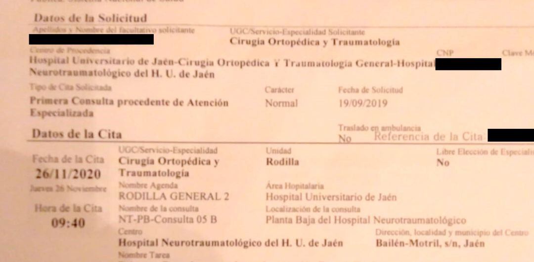 Cita de un paciente en el Hospital de Jaén.