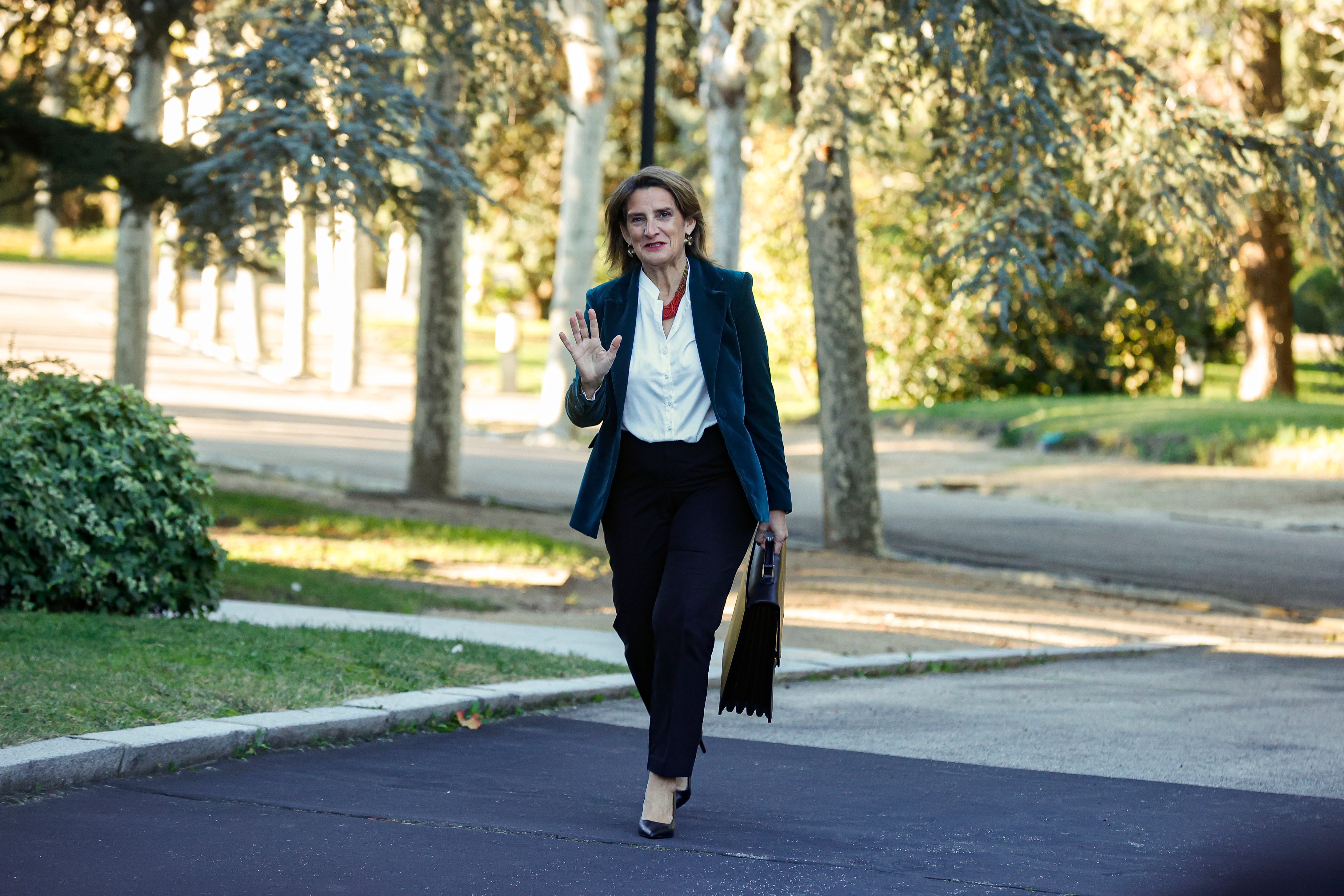 MADRID, 22/11/2023.- La vicepresidenta tercera y Ministra para la Transición Ecológica y el Reto Demográfico, Teresa Ribera, a su llegada ese miércoles al Palacio de La Moncloa para asistir al primer Consejo de Ministros del nuevo gabinete de Pedro Sánchez. EFE/Juan Carlos Hidalgo
