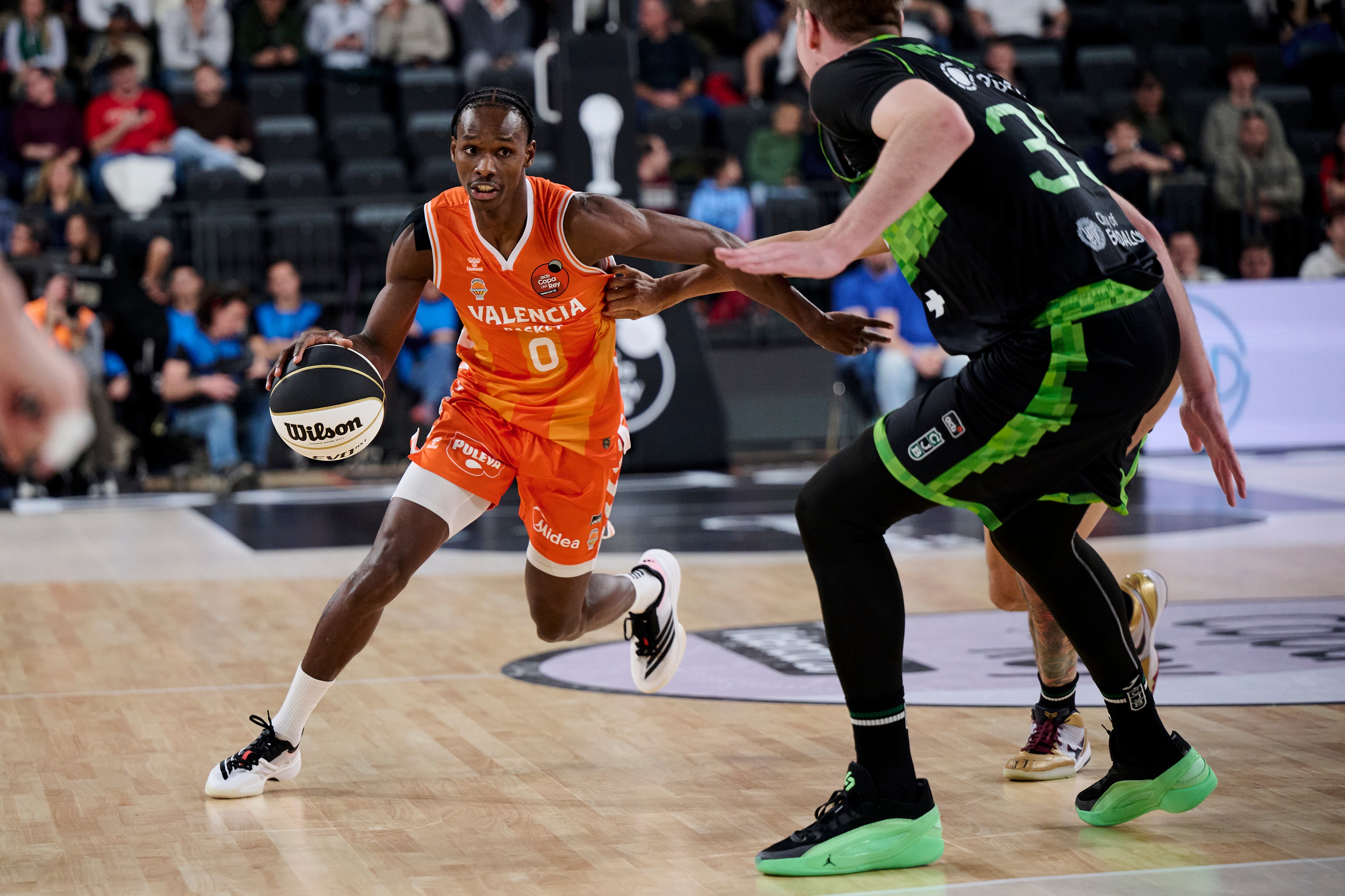 VALENCIA, SPAIN - FEBRUARY 19: Brancou Badio #0 of Valencia Basket in action during Copa Del Rey Quarter Finals match between Valencia Basket and Asisa Joventut at Roig Arena on February 19, 2026 in Valencia, Spain. (Photo by Borja B. Hojas/Getty Images)