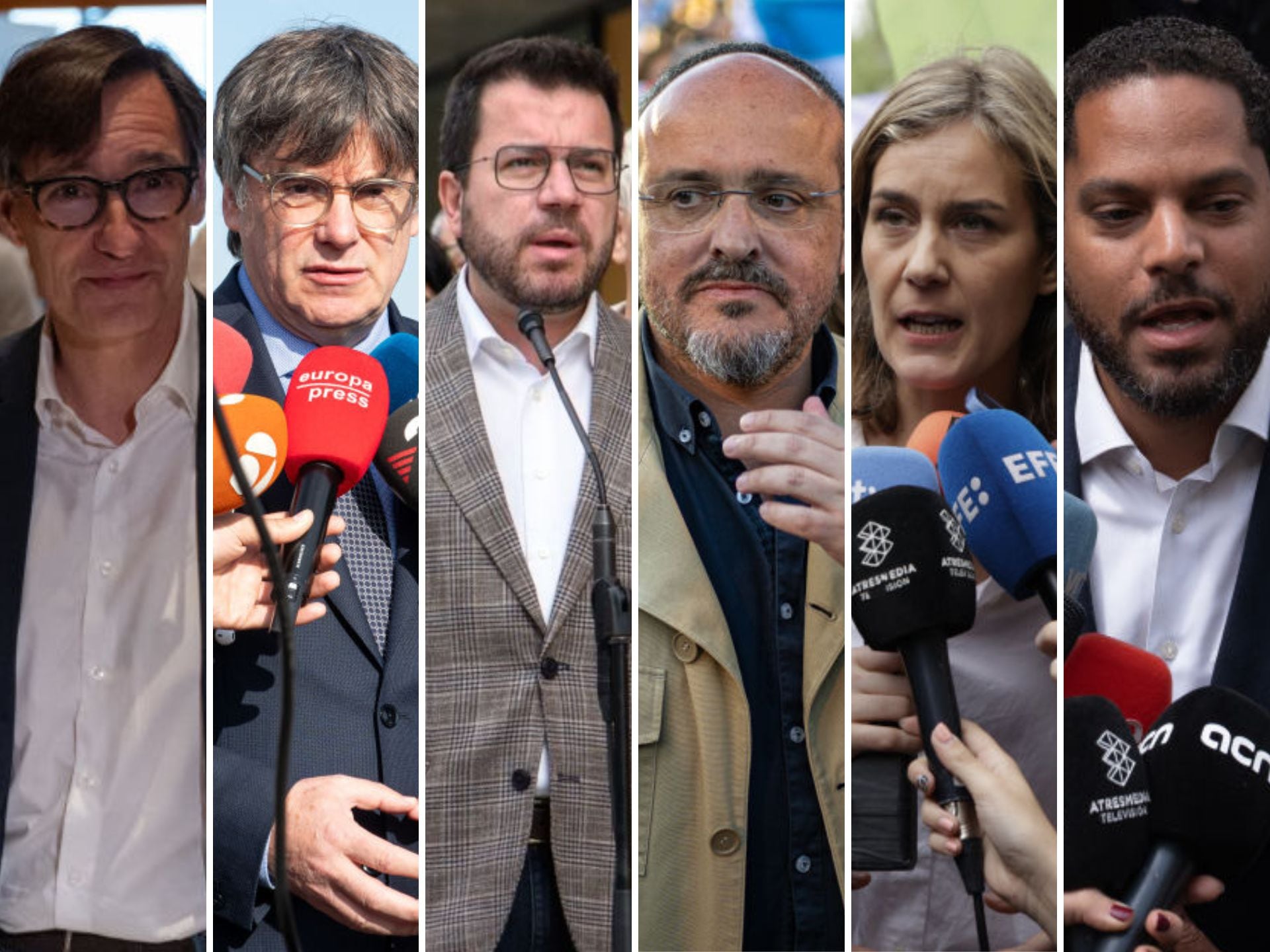 De izquierda a derecha, los candidatos a presidir la Generalitat después de este 12M: Salvador Illa (PSC),  Carles Puigdemont (Junts), Pere Aragonès (ERC), Alejandro Fernández (PP), Jéssica Albiach (Comuns Sumar) y Joan Garriga (Vox).