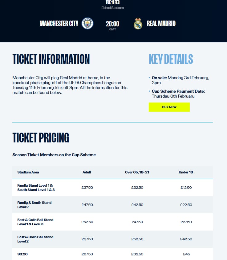 Listado de precios del Manchester City-Real Madrid