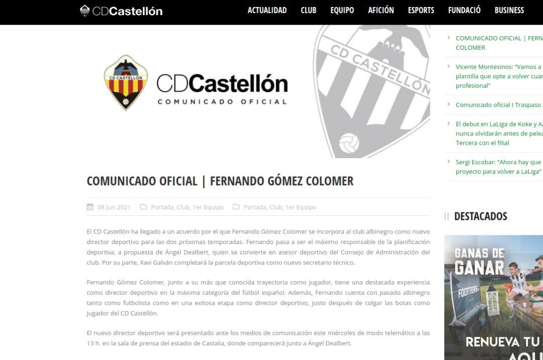 Comunicado oficial del CD Castellón