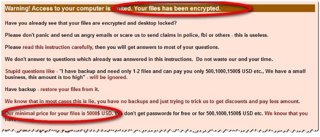 Fragment del missatge que reben les víctimes del &quot;Ramsonware&quot;, amb l&#039;extorsió de 5.000 dólars per lliurar-los del virus