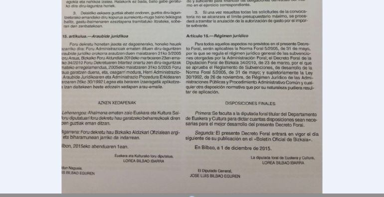 En la firma del decreto foral fechado el 1 de diciembre aparece la del exdiputado general, José Luis Bilbao