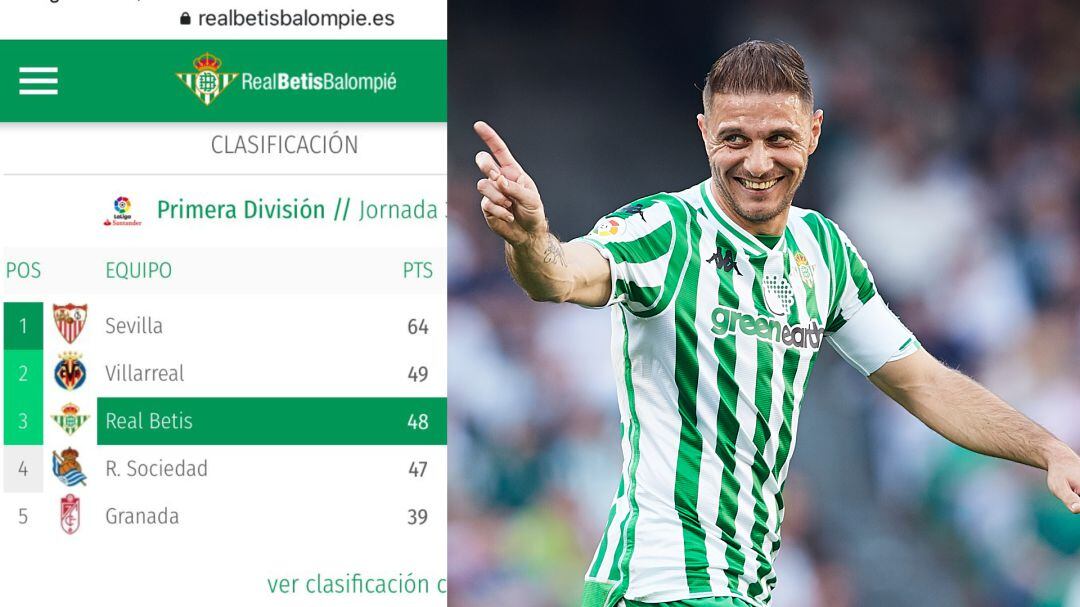 Una captura de pantalla de la web del Betis; y Joaquín, en un partido con el equipo