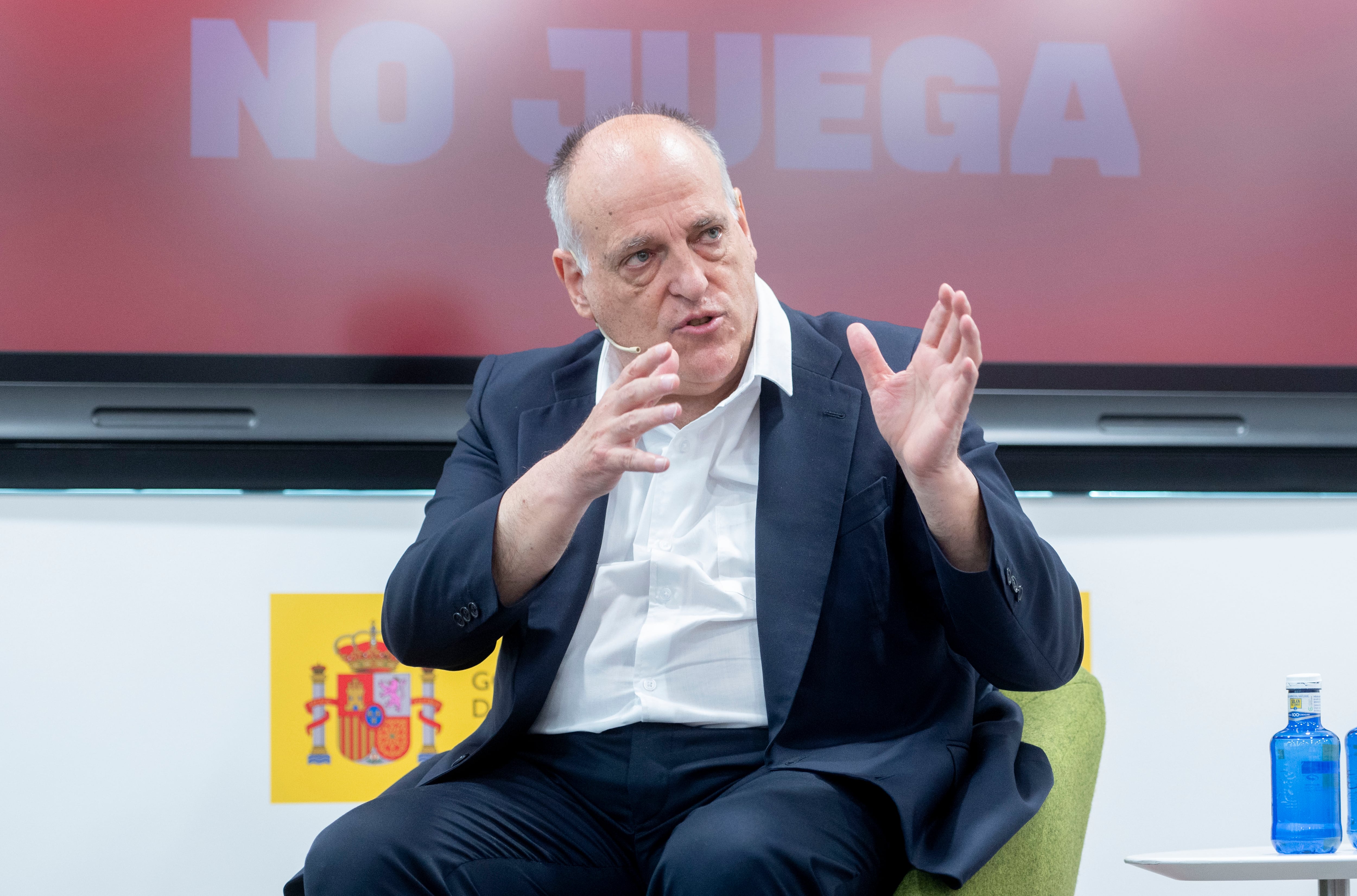 El presidente de LaLiga, Javier Tebas, habla durante una comparecencia