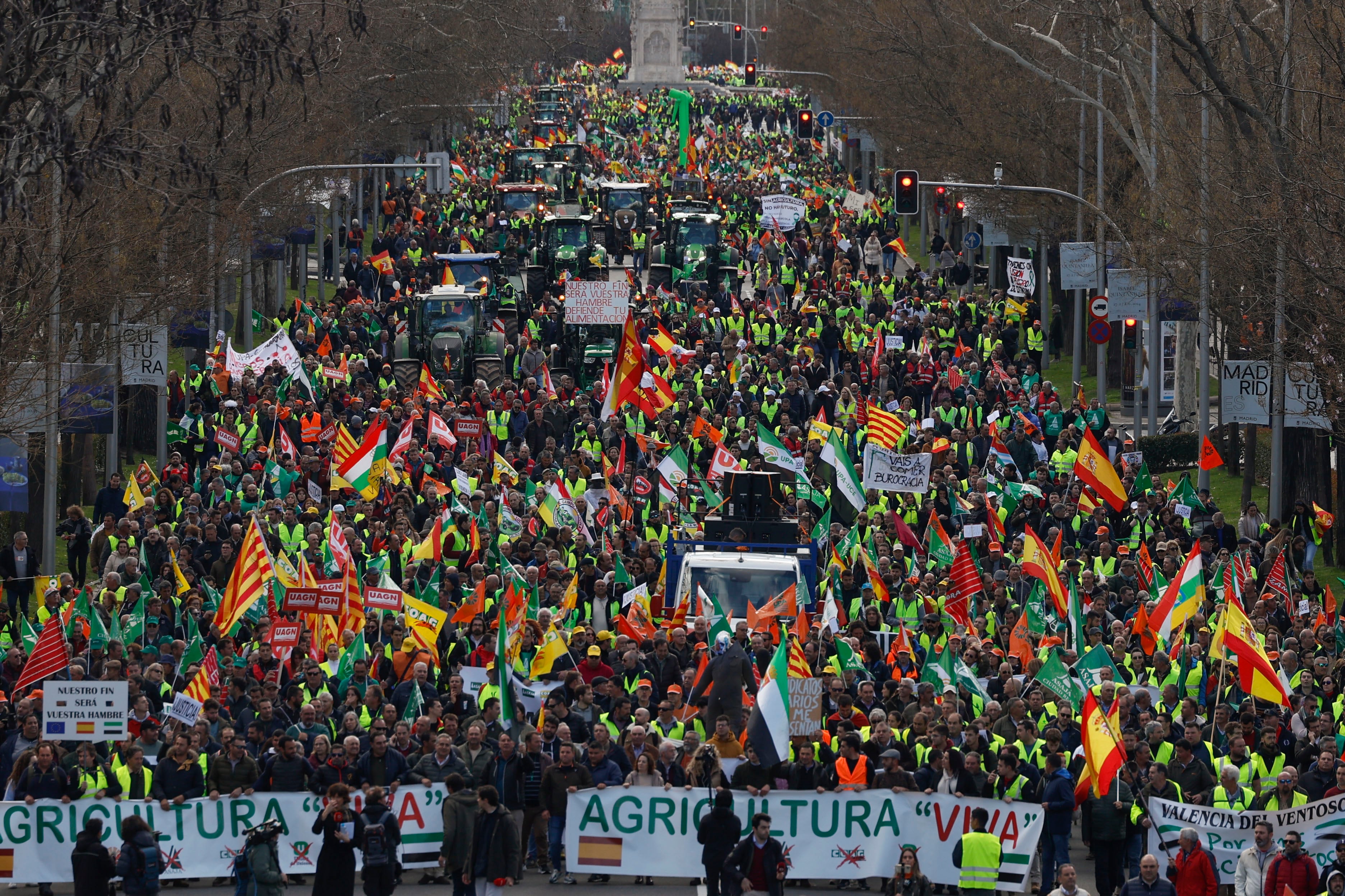 MADRID, 26/02/2024.- Agricultores de varios puntos de España marchan hacia el número 46 del Paseo de la Castellana, donde se ubica la Oficina en España del Parlamento Europeo, en Madrid. EFE/ J.J. Guillén