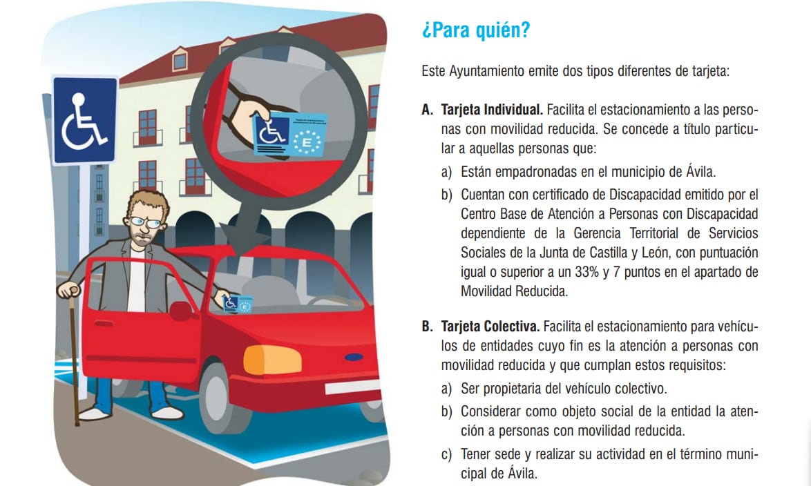 Folleto del Ayuntamiento de Ávila sobre la tarjeta para estacionar en plazas reservadas a personas con movilidad reducida