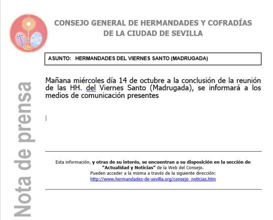 Esta es la nota de prensa con la que el Consejo de Cofradías convocaba a los periodistas para dar información sobre su plan para La Madrugá