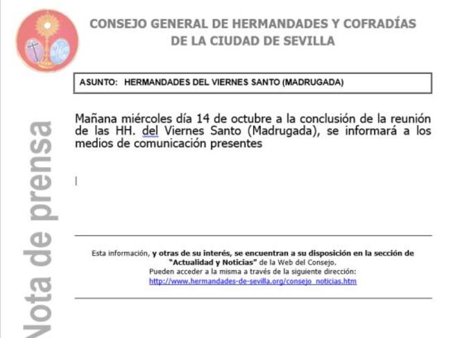 Esta es la nota de prensa con la que el Consejo de Cofradías convocaba a los periodistas para dar información sobre su plan para La Madrugá