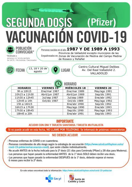 Convocatoria de segundas dosis en Valladolid