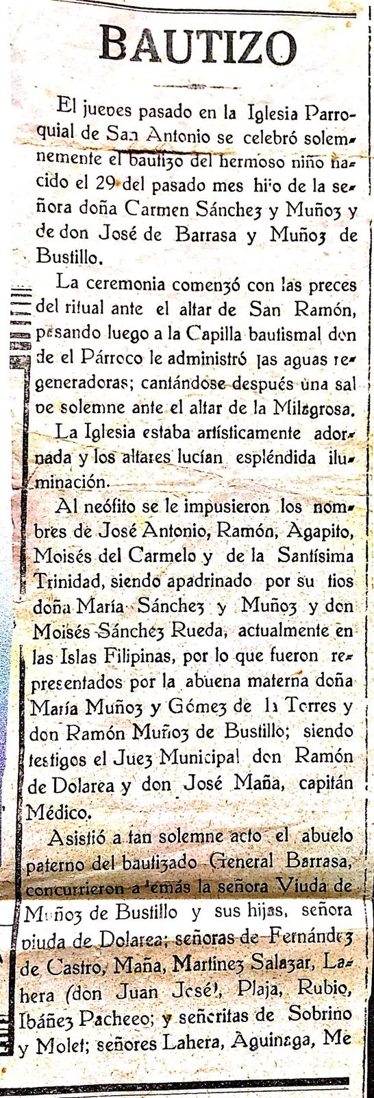 Noticia del bautizo en la parroquia de San Antonio. Familia Barrasa.