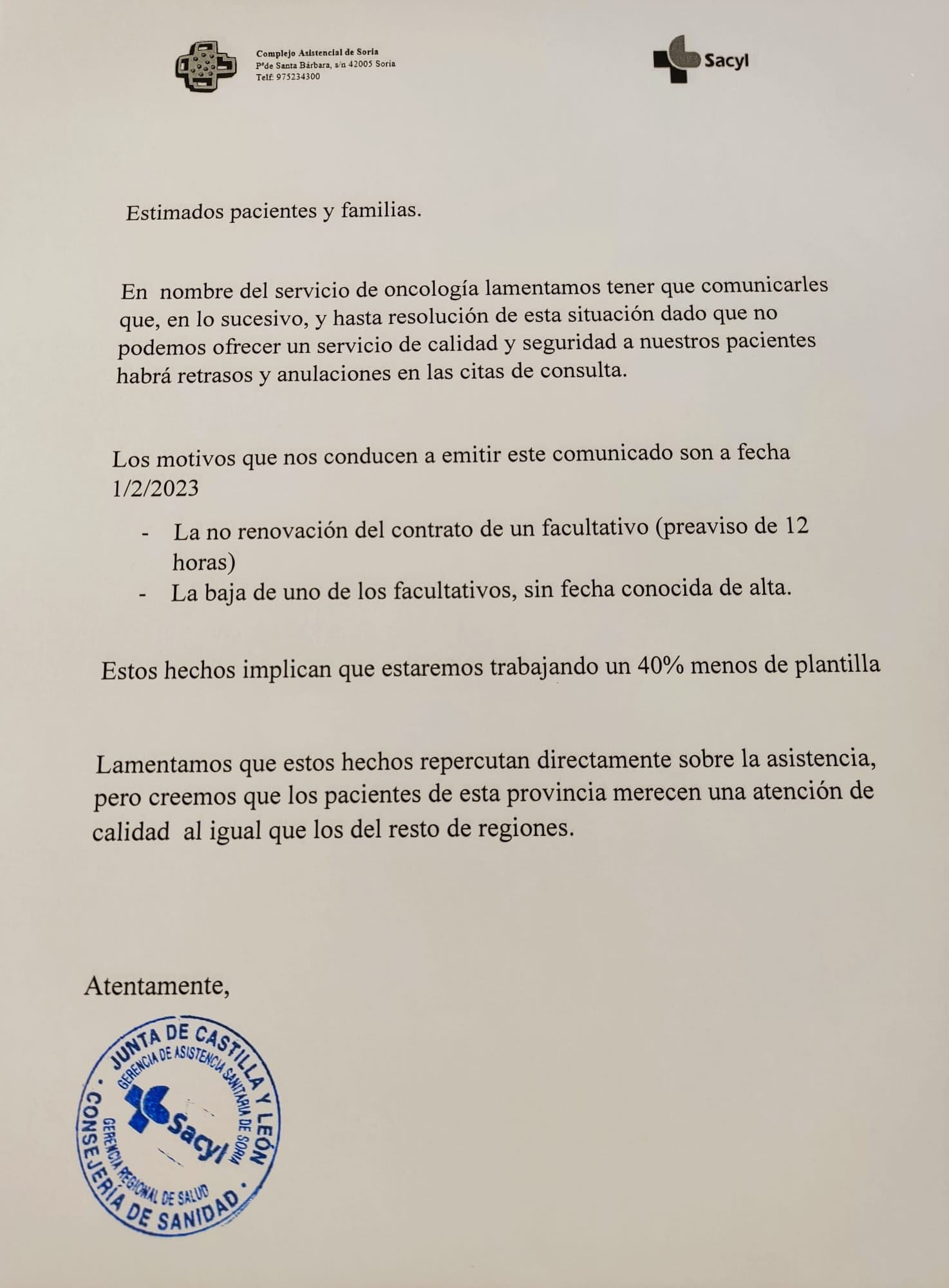 Comunicado del servicio de Oncología del Hospital Santa Bárbara de Soria.