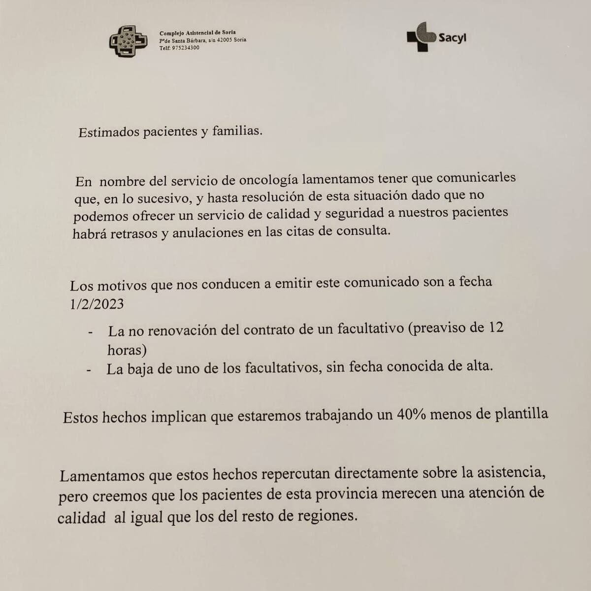 Sacyl no renueva el contrato a un oncólogo del hospital Santa Bárbara que no cuenta con la especialidad convalidada en España