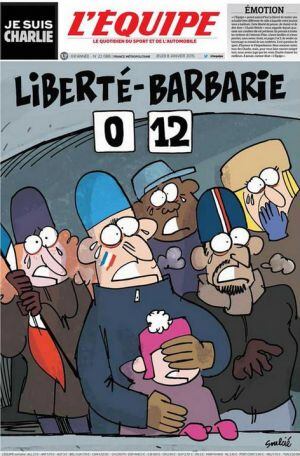 El diario francés ilustra este jueves su portada con una viñeta para denunciar la barbarie ocurrida en París