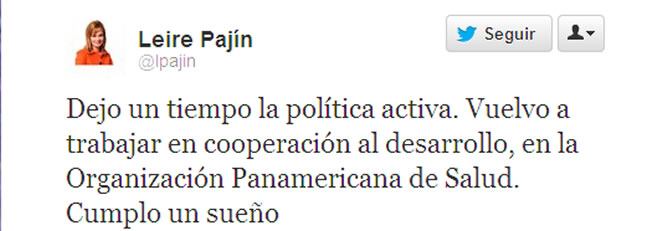 Tuit de Leire Pajín: &quot;Dejo un tiempo la política activa. Vuelvo a trabajar en cooperación al desarrollo. Cumplo un sueño&quot;.