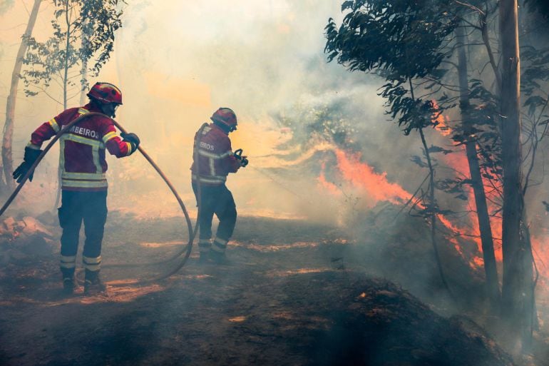 Varios bomberos luchan contra las llamas en un incendio forestal declarado en Bele, cerca de Monchique, en el Algarve portugués