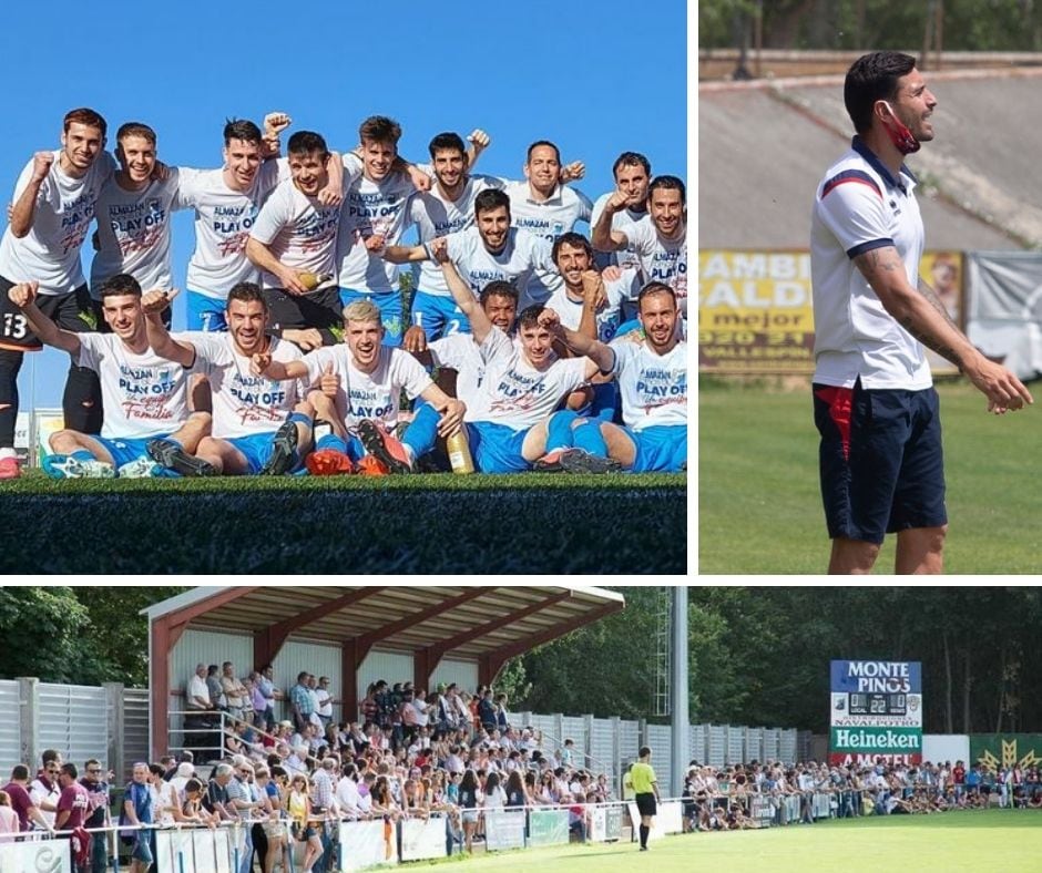 El Almazán de play off (i) Borja Rubiato y el terreno de juego de La Arboleda (abajo)