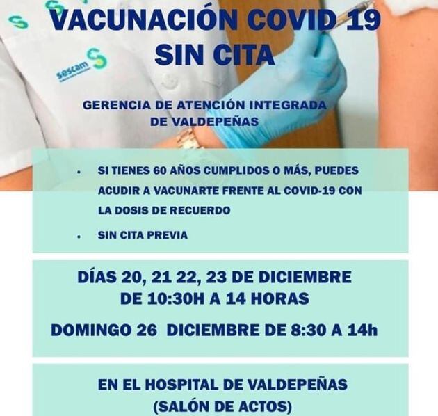 Nuevas jornadas de vacunación sin cita en el Hospital de Valdepeñas (Ciudad Real)