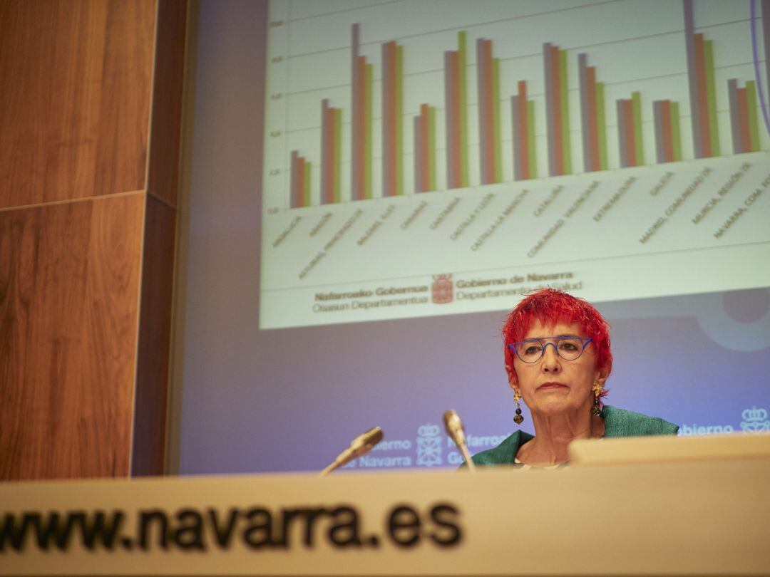 La consejera de Salud de Navarra, Santos Indurain, ofrece una rueda de prensa en el Palacio del Gobierno de Navarra para tratar sobre la situación del COVID-19.