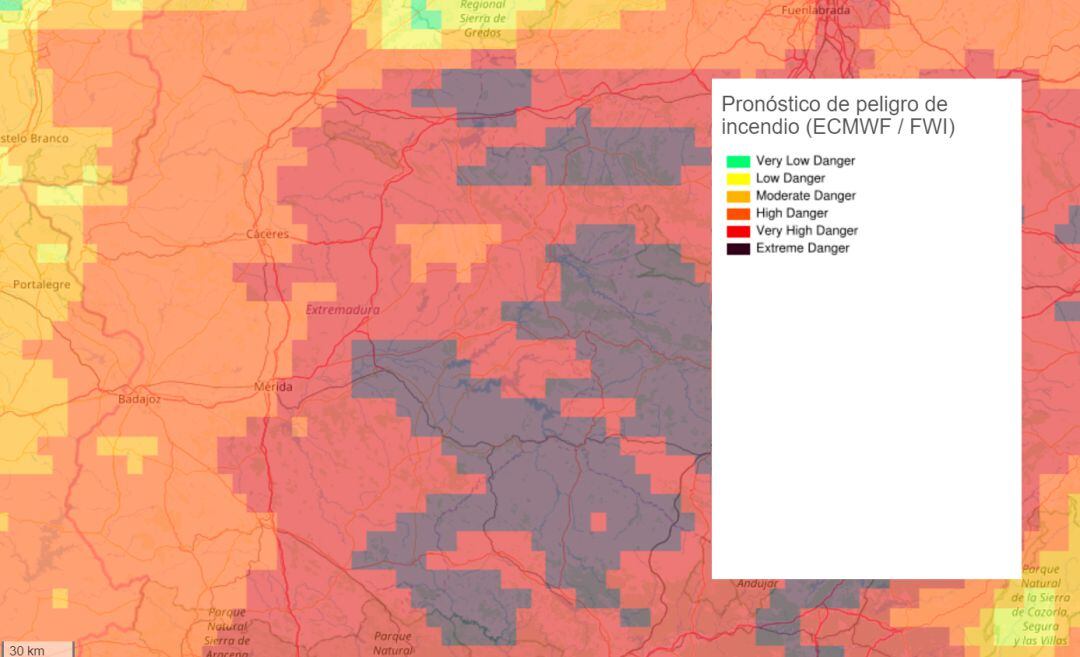 Situación de peligro de incendio para Extremadura para el 16 de junio