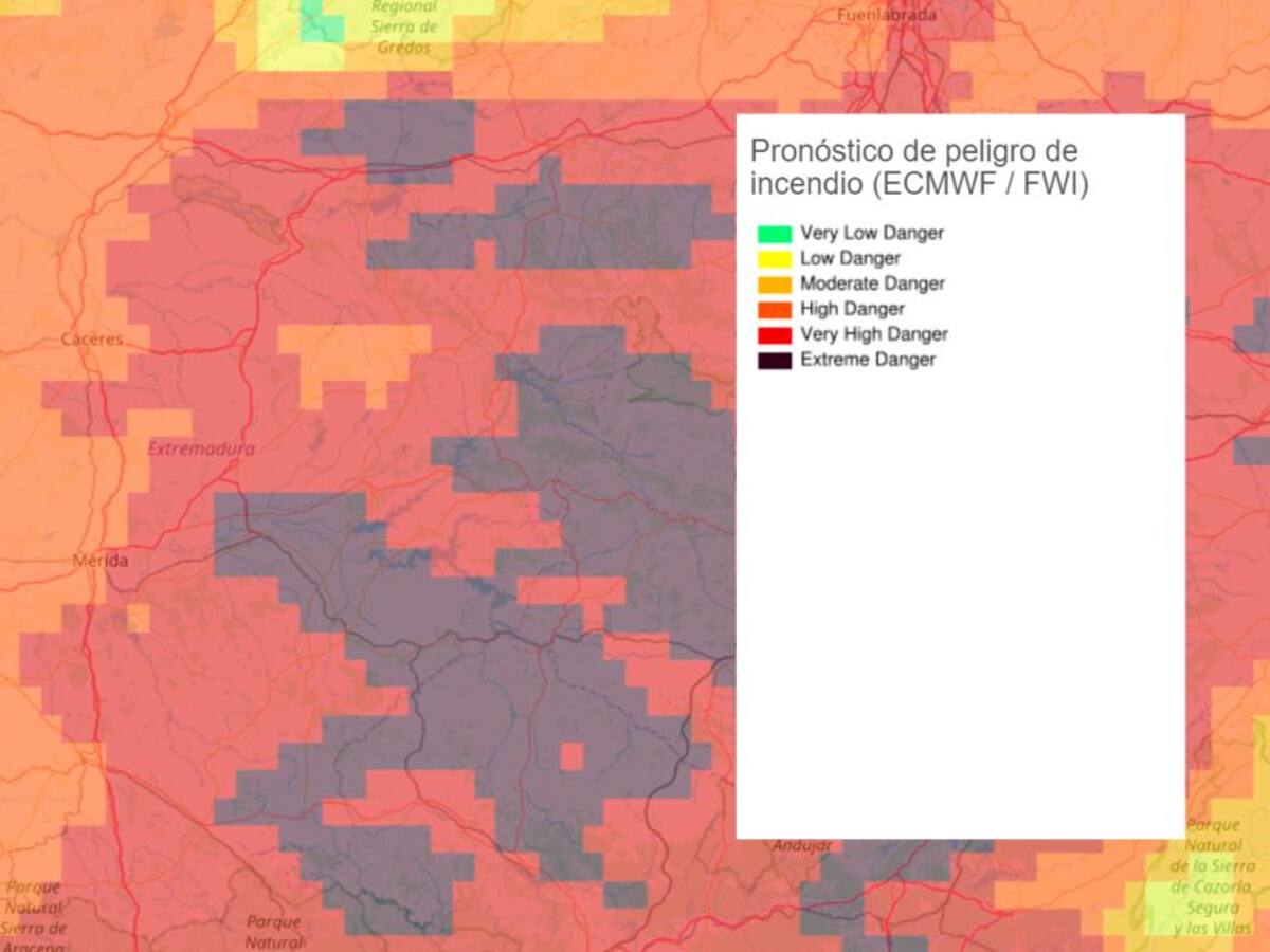 Peligro de incendio forestal en Extremadura del 16 de junio de 2020