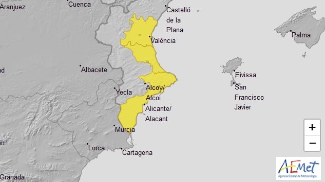 Aviso amarillo por lluvias para el día de Nochevieja en Valencia y Alicante. Foto: AEMET