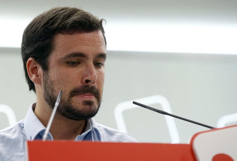 Garzón, durante la rueda de prensa que ha ofrecido en la sede de IU en Madrid, para hacer un análisis más detallado del resultado de las elecciones