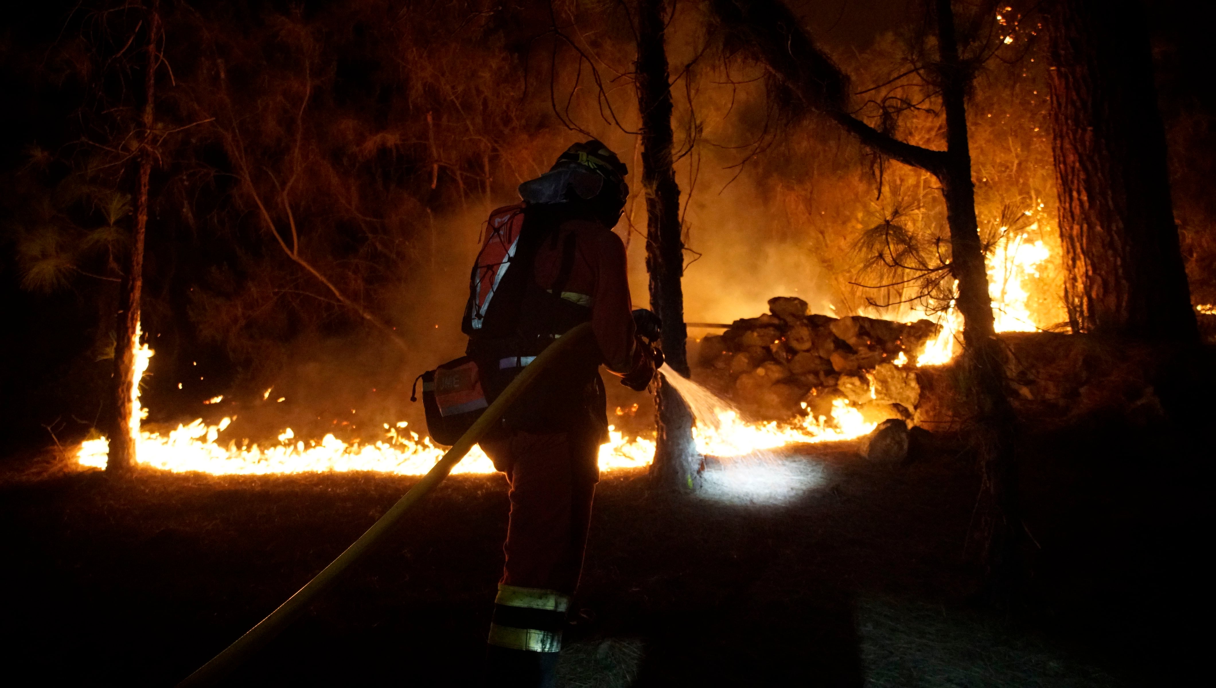 Miembros de la UME trabajan en labores de extinción del incendio forestal de la isla de Tenerife.