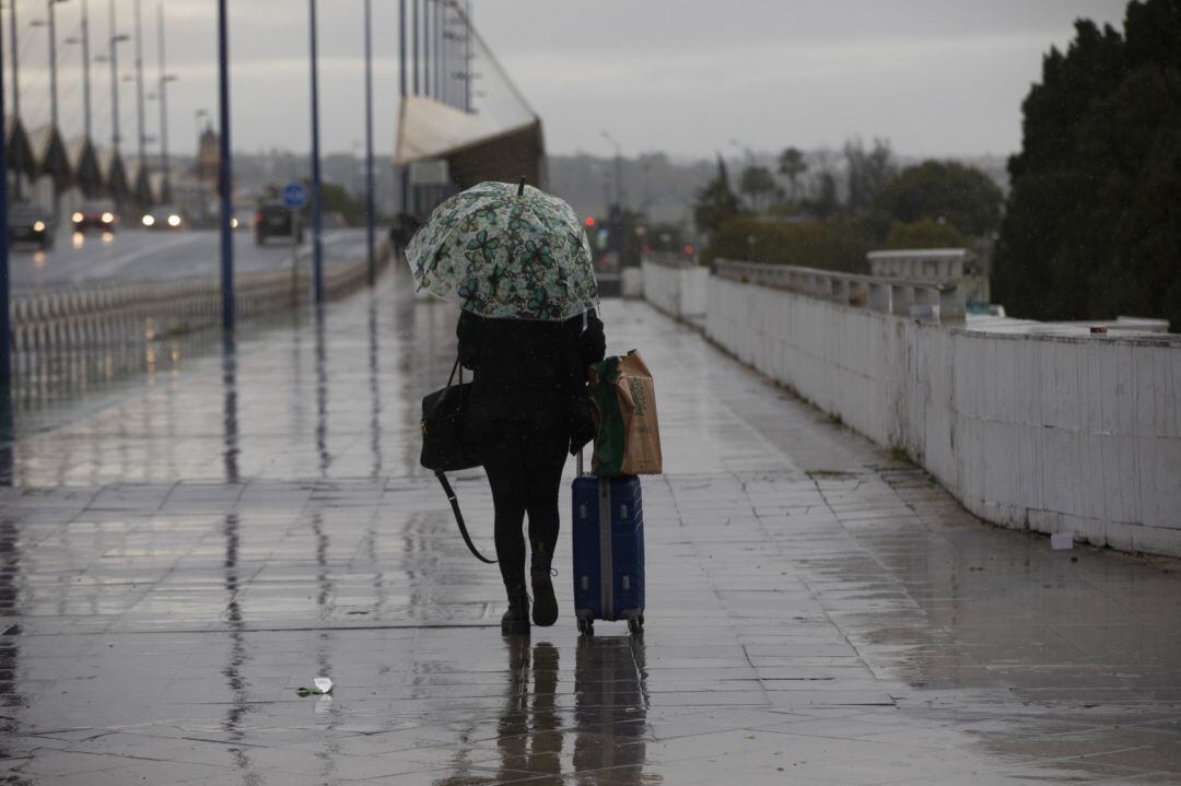 una persona camina bajo la lluvia con un paraguas y una maleta