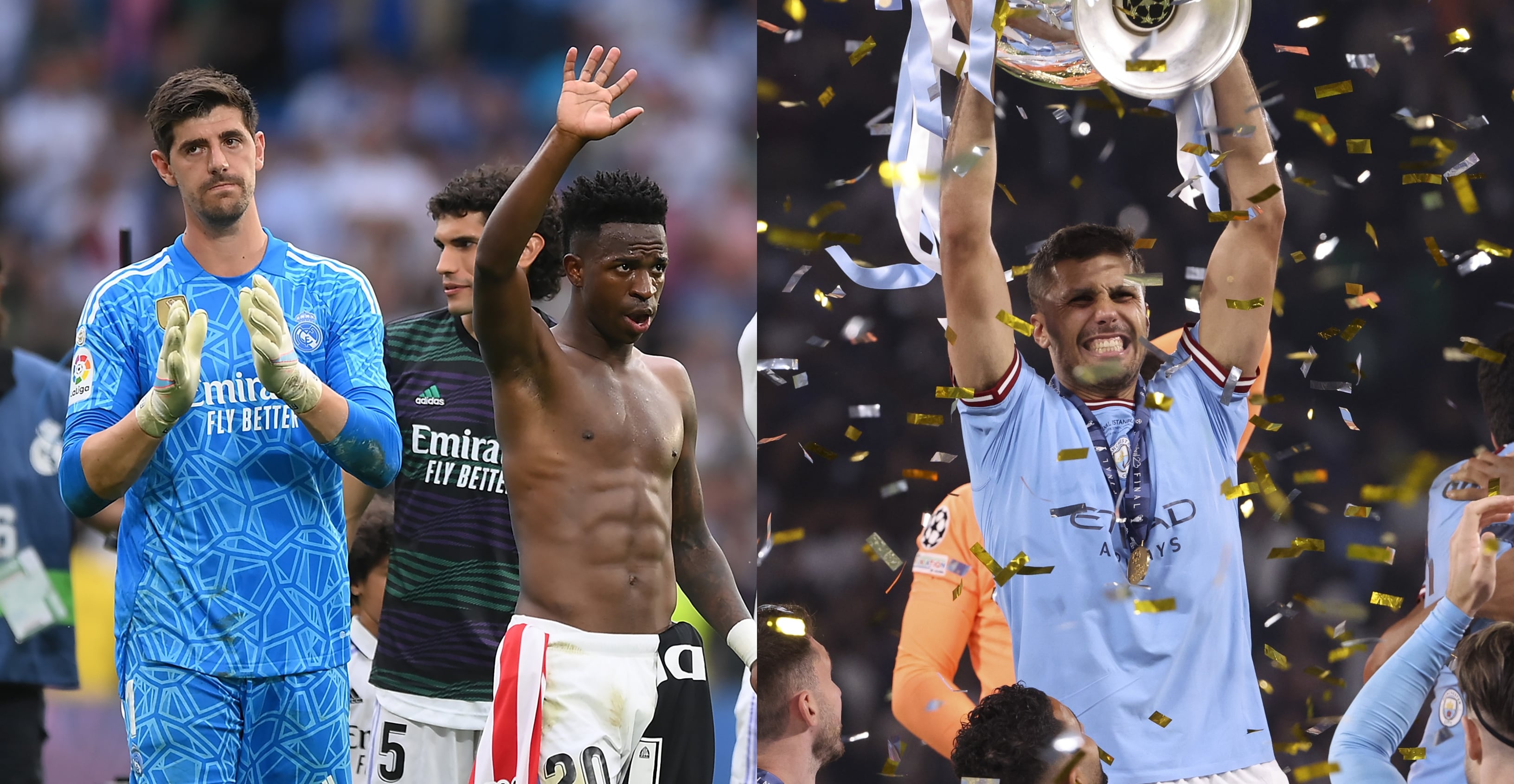 El belga Thibaut Courtois y el brasileño Vinicius Júnior, jugadores del Real Madrid, y Rodri Hernández, mediocampista del City figuran en el once de la temporada de la Liga de Campeones 2022/23.