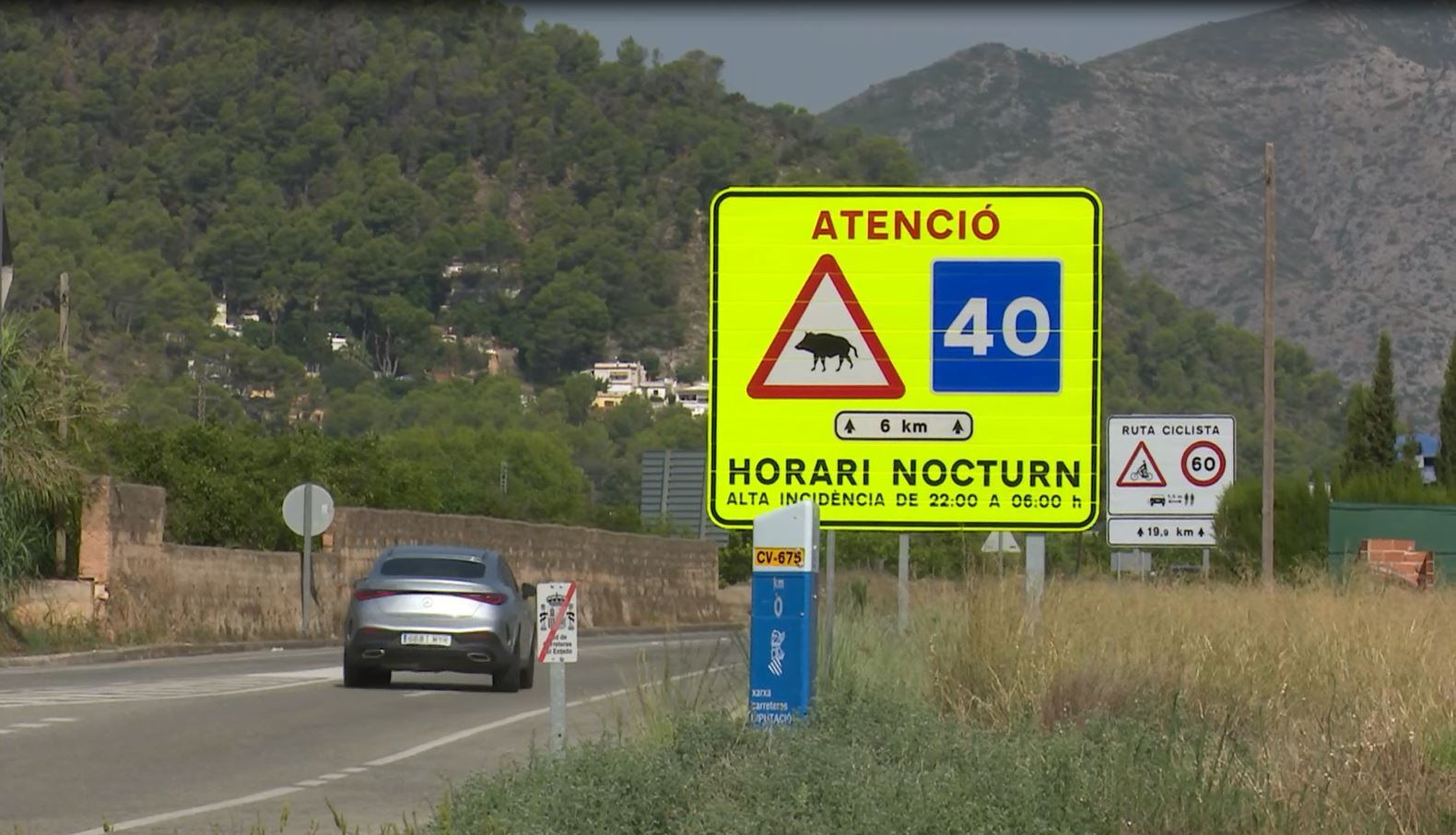 Carretera de Marxuquera, con una señal específica de precaución por presencia de jabalís