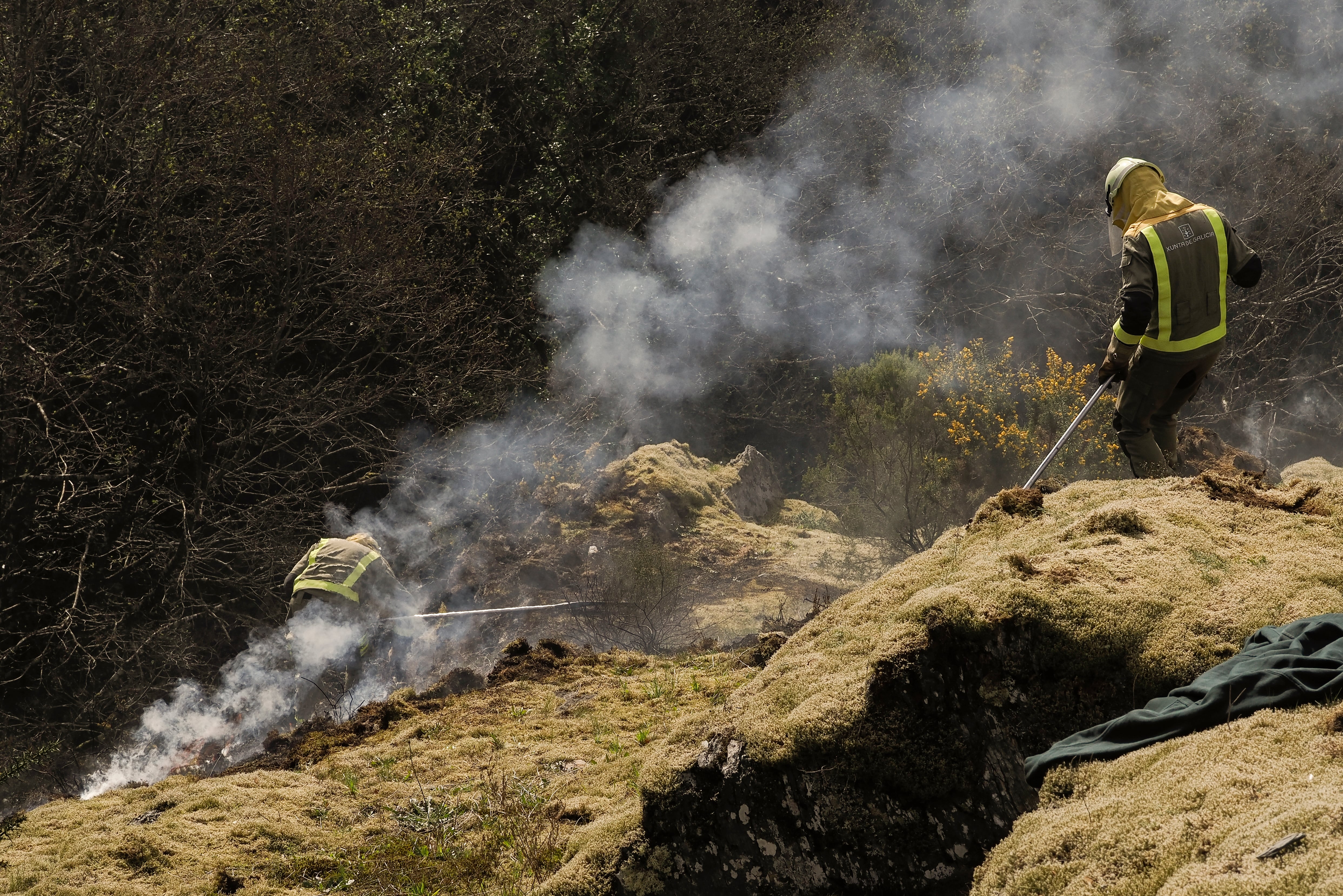 El fuego ha calcinado 1650 hectáreas en los ayuntamientos de Baleira, A Fonsagrada, y Ribeira de Piquin. En la imagen, dos brigadistas trabajan en Cortevella. EFE/ Eliseo Trigo