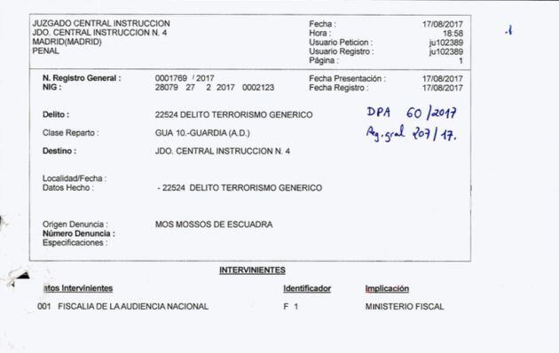 La primera página del sumario sobre los atentados de Barcelona y Cambrils.