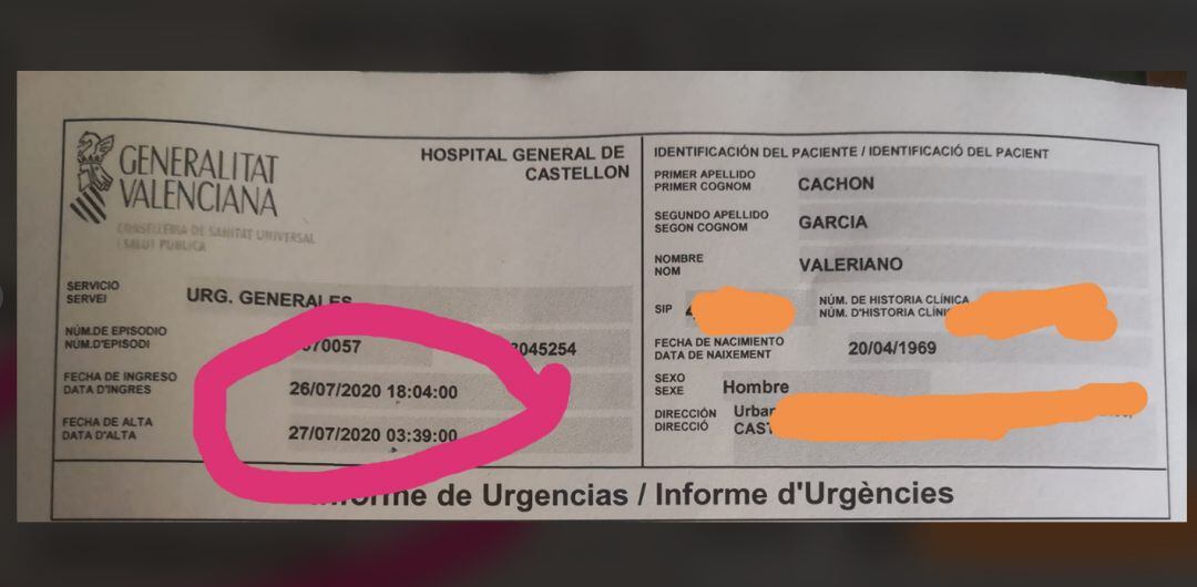 Imagen compartida en redes sociales por Valeriano Cazón con el informe de Urgencias