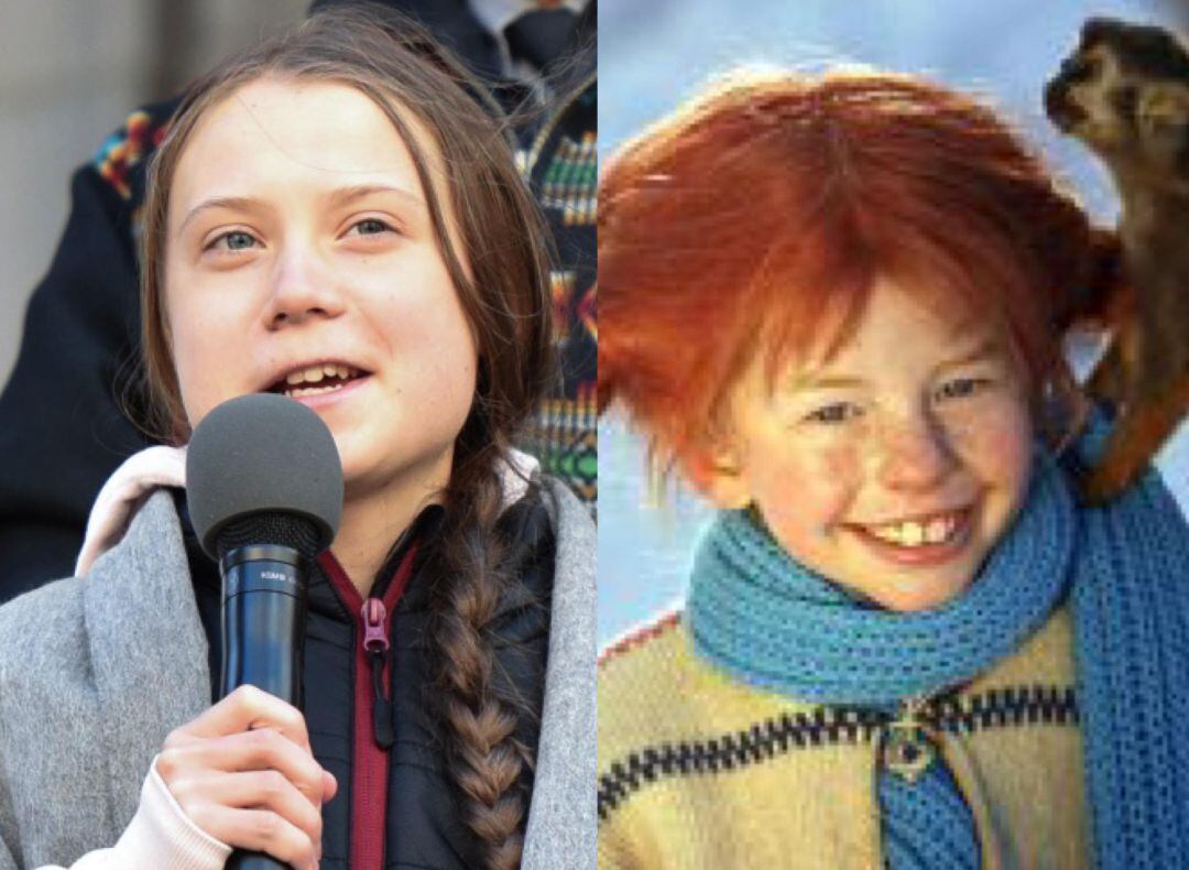 Greta Thunberg (izquierda) y el personaje de Pippi Lángstrump (derecha).