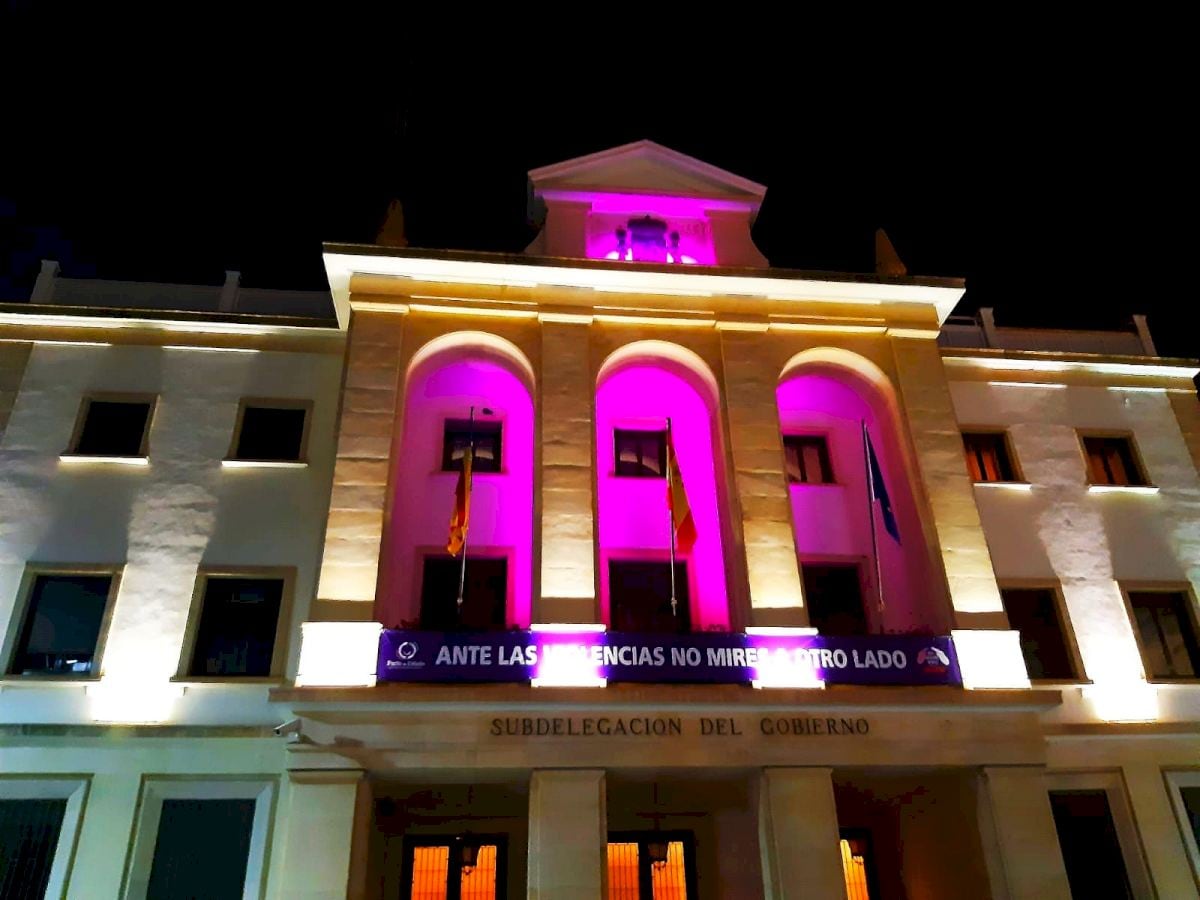 El edificio de la Subdelegación del Gobierno en Alicante iluminado de color morado por el 25N (archivo)