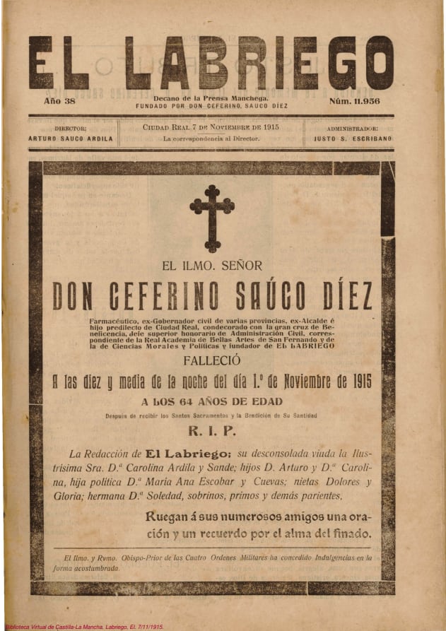 Esquela de Ceferino Saúco Díez publicada en El Labriego