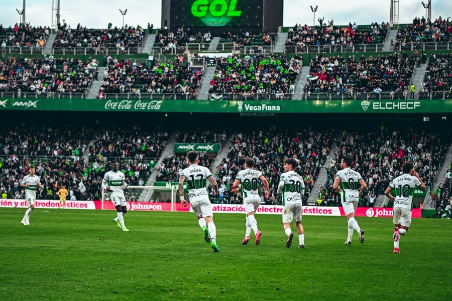 Los jugadores del Elche tras marcar un gol al Cartagena la pasada jornada en el Martínez Valero